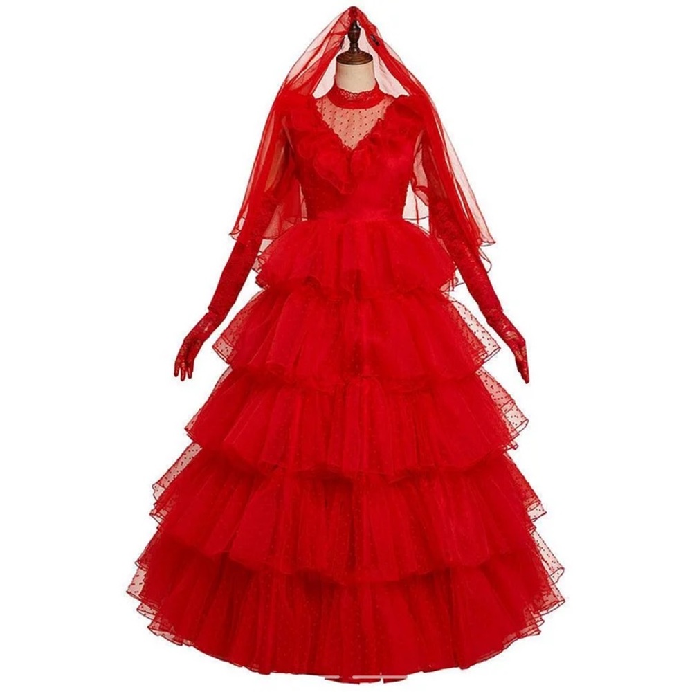 Lydia’s red wedding dress and accessories from Beetlejuice